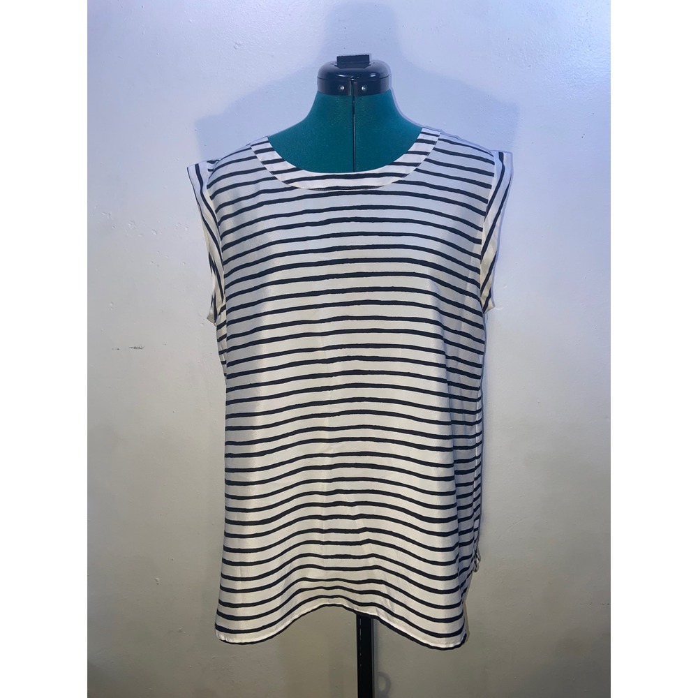 J.Crew Black & White Striped Sleeveless Blouse High Low Hem Minimalist Parisian